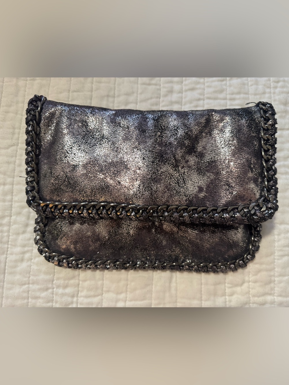 Anthropologie Metallic Silver-Black Chain-Trim Clutch